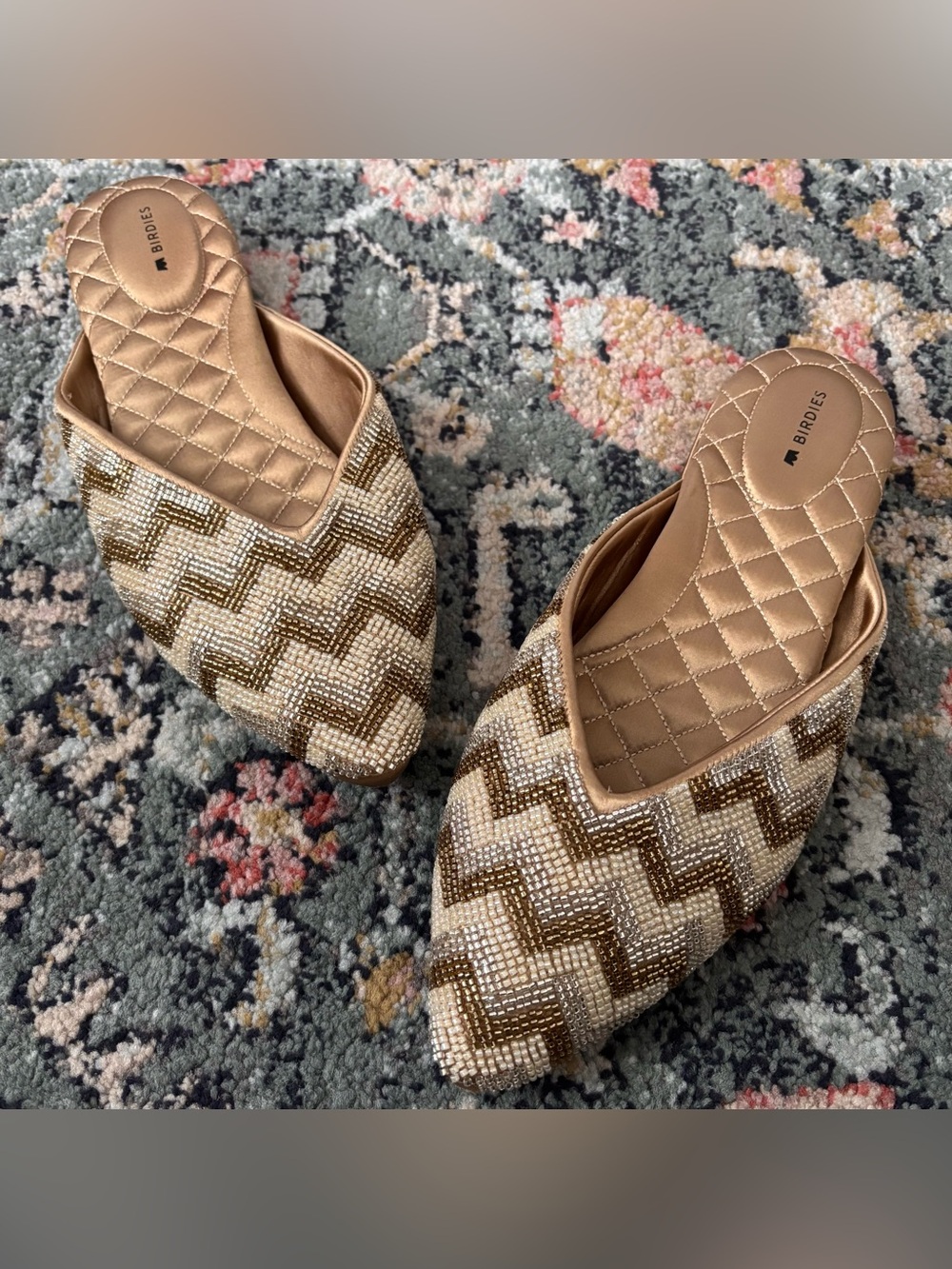 Birdies The Swan in Beaded Champagne Chevron Flats Mules Sz 9